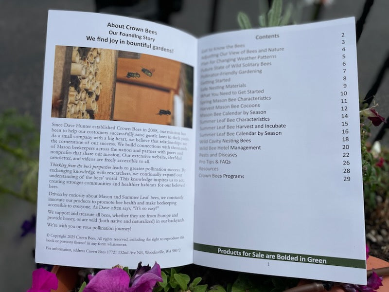Wild Bee Guide interior showing Crown Bees founding story and full table of contents